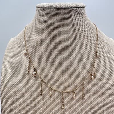 Vintage 90s Faux Pearl Clear Glass Dangle Charm Gold Tone Necklace Minimalist