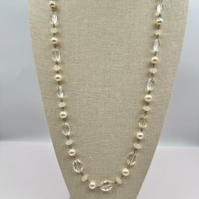 Vintage 90s Cream Faux Pearl & Clear Quartz Glass Bead Necklace Boho Jewelry Bib