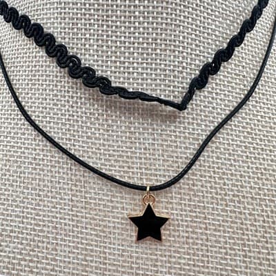 Vintage 90s Gold Tone Star Glass Pendant Black Double Layer Choker Necklace Y2K