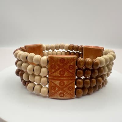Vintage 80s Tribal Wood Bead Wrap Bracelet Artisan Ceramic Tile Brown Jewelry