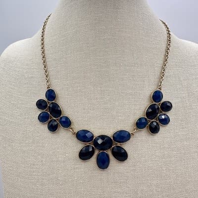 Vintage 80s 90s Blue Cluster Bib Statement Gold Tone Necklace Fashion Jewelry