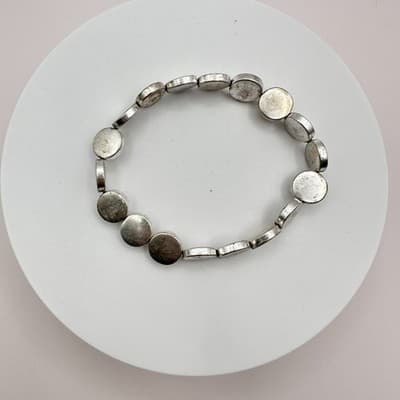 Vintage 90s Silver Tone Matte Disc Bead Stretch Bracelet Minimalist Boho Jewelry