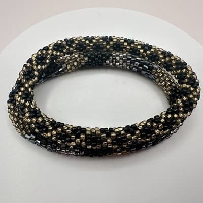 Vintage 90s Glass Seed Bead Crochet Roll-On Bracelet Set Boho Fashion Jewelry