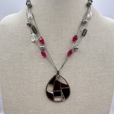 Vintage 90s Pink & Black Glass Beads Teardrop Pendant Silver Tone Necklace Boho