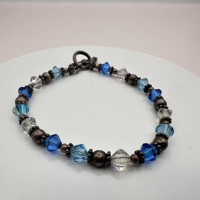 Vintage 90s Blue Glass Beaded SilverTone Bracelet Boho Stackable Fashion Jewelry