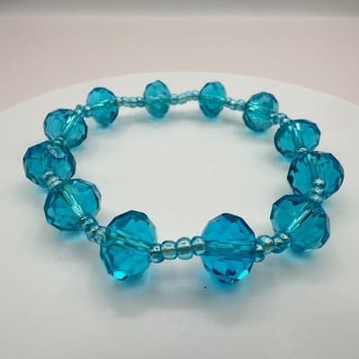 Vintage 90s Teal Blue Glass Faceted Beaded Stretch Bracelet Boho Chic Jewelry