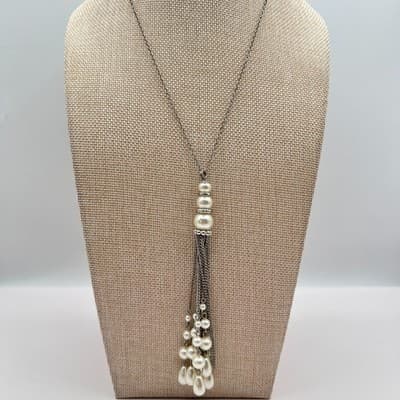Vintage 90s Silver Tone Faux Pearl Tassel Chain Necklace Boho Fashion Jewelry