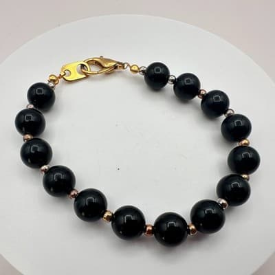 Vintage 90s Black Onyx Glass Beaded Bracelet Retro Women's Classic Jewelry Y2K