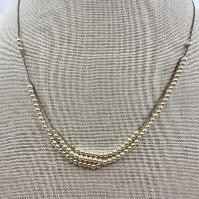 Vintage 90s Multi Strand Faux Pearl Necklace Silver Tone Chain Classic Bridal