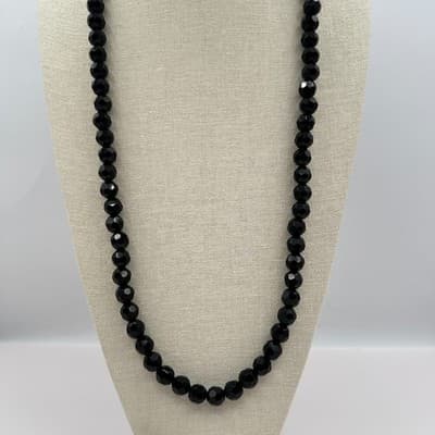 Vintage 90s Black Glass Faceted Round Beaded Necklace Classic Goth Jewelry