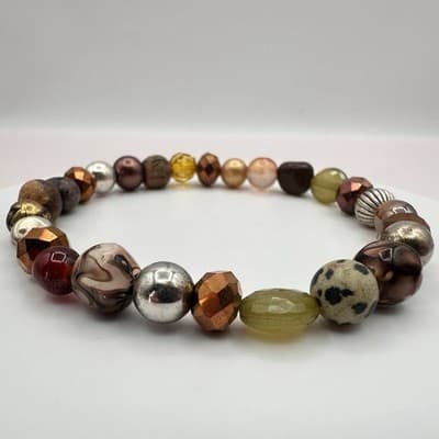 Vintage 90s Dalmatian Jasper Glass Beaded Stretch Bracelet Earth Tone Jewelry