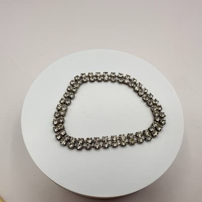 Vintage 90s Double Row Clear Glass Tennis Bracelet Silver Tone Elegant Deco Boho