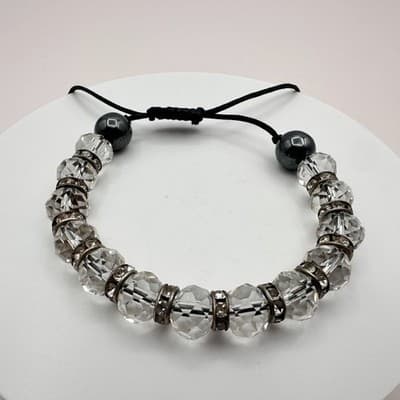 Vintage Y2K Silver Tone Cord Clear Glass Rhinestones Beaded Bracelet Jewelry 90s
