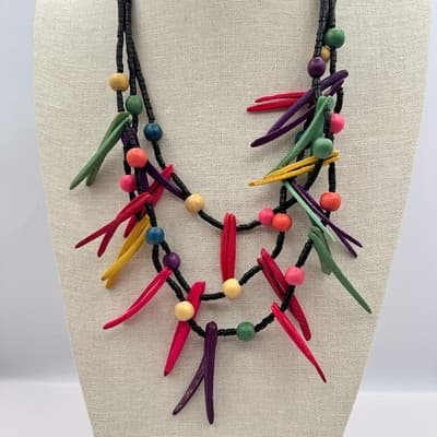 Vintage 90s Multi-Strand Spike Fringe Wood Bead Necklace Boho Fashion Jewelry