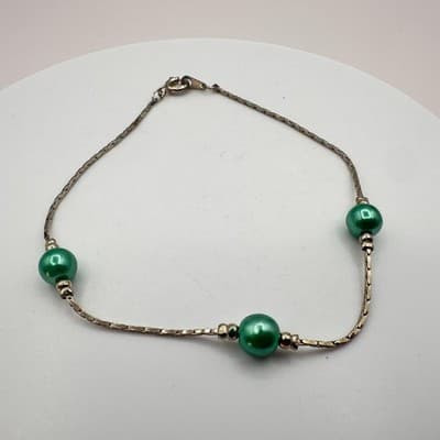 Vintage Silver Tone Dainty Chain Bracelet Green Faux Pearl Minimalist Simple Y2K