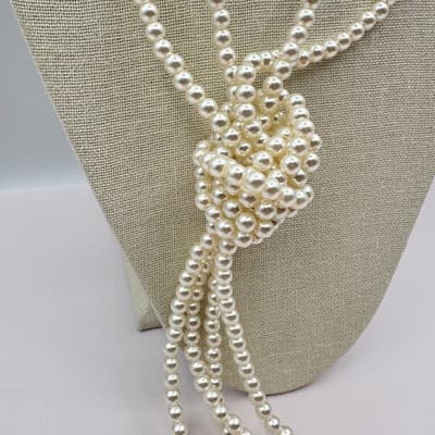 Vintage 90s Cream Faux Pearl Tassel Lariat Necklace Long Knot Boho Jewelry Boho