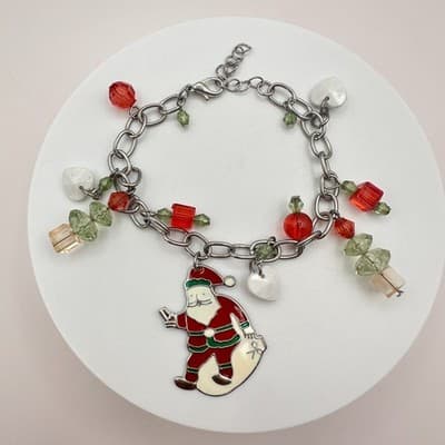 Vintage 90s Christmas Charm SilverTone Bracelet Santa Enamel Glass Beads Jewelry