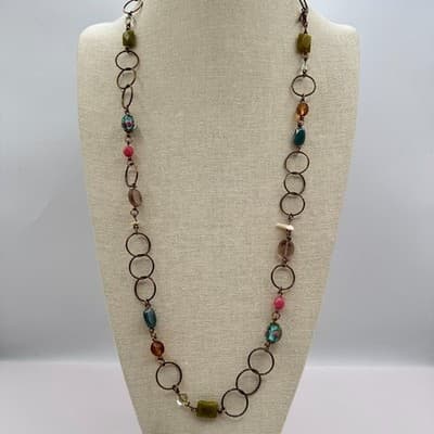 Vintage 90s Gold Tone Polycrome Beaded Open Link Necklace Women's Jewelry Boho