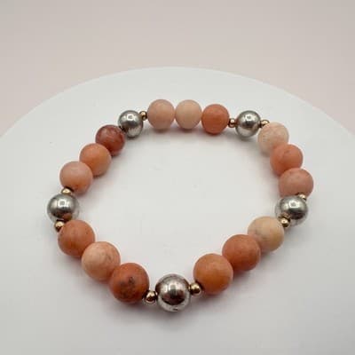 Vintage 90s Peach Natural Stone Beaded Stretch Bracelet Boho Statement Jewelry