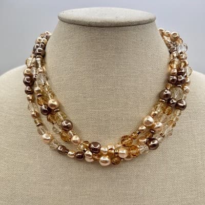 Vintage Y2K Gold Tone Multi Strand Pearl Beaded Necklace Women's Classic Jewelry