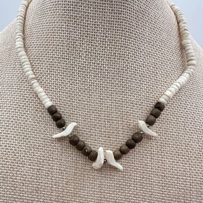 Vintage 90s Fetish Heishi Bird Necklace White Shell Brown Wood Bead Boho Jewelry