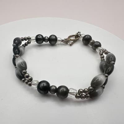 Vintage Y2K Silver Tone Double Strand Beaded Bracelet Boho Minimalist Jewelry