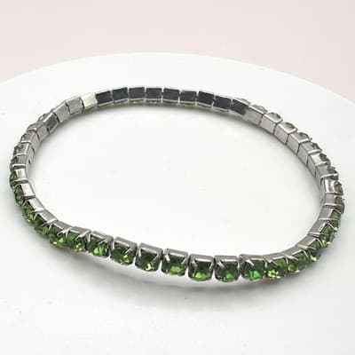 Vintage 90s Green Glass Tennis Bracelet SilverTone Stretch Retro Fashion Jewelry