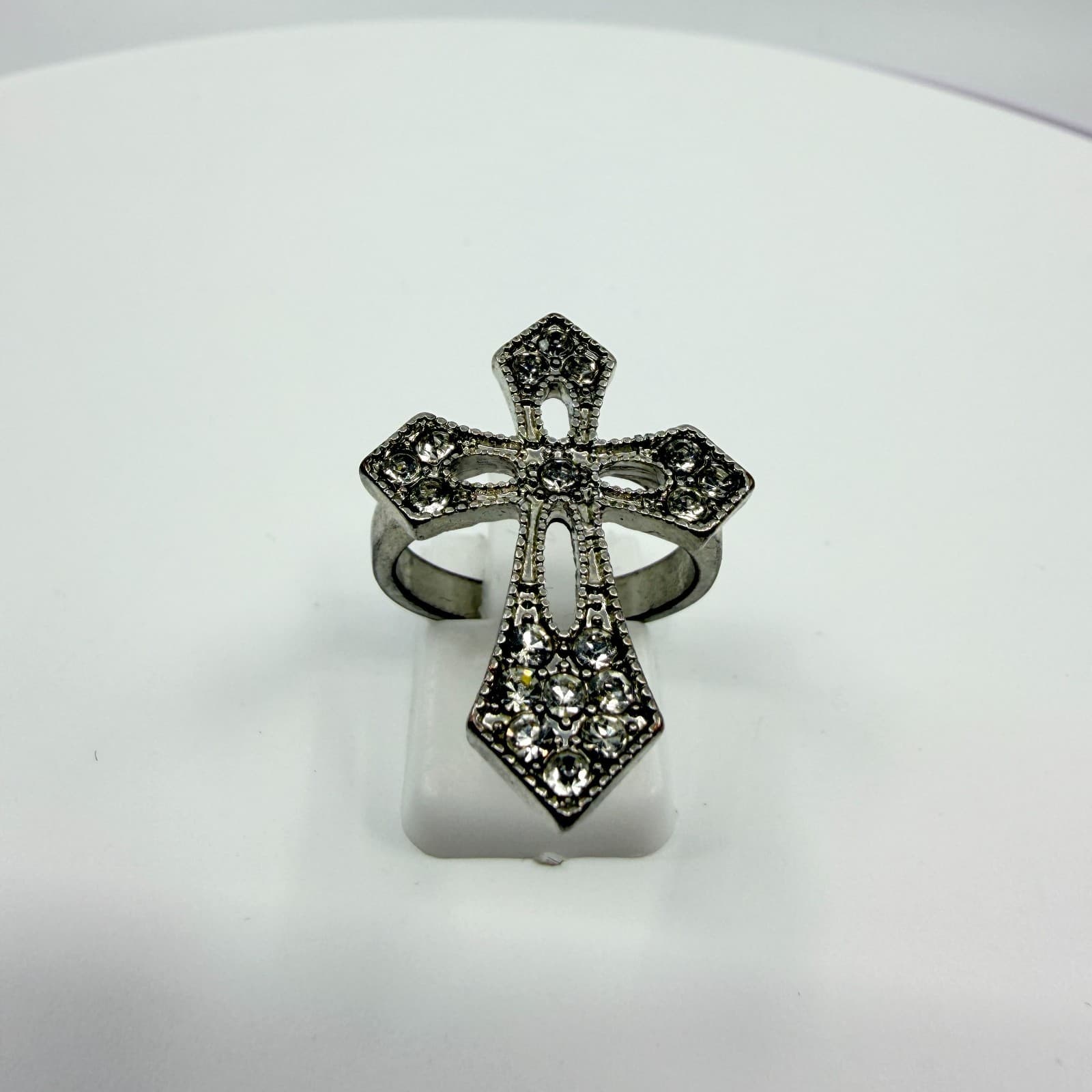 Vintage Silver Tone Rhinestone Cross Ring Y2K Gothic Crystal Statement Ring