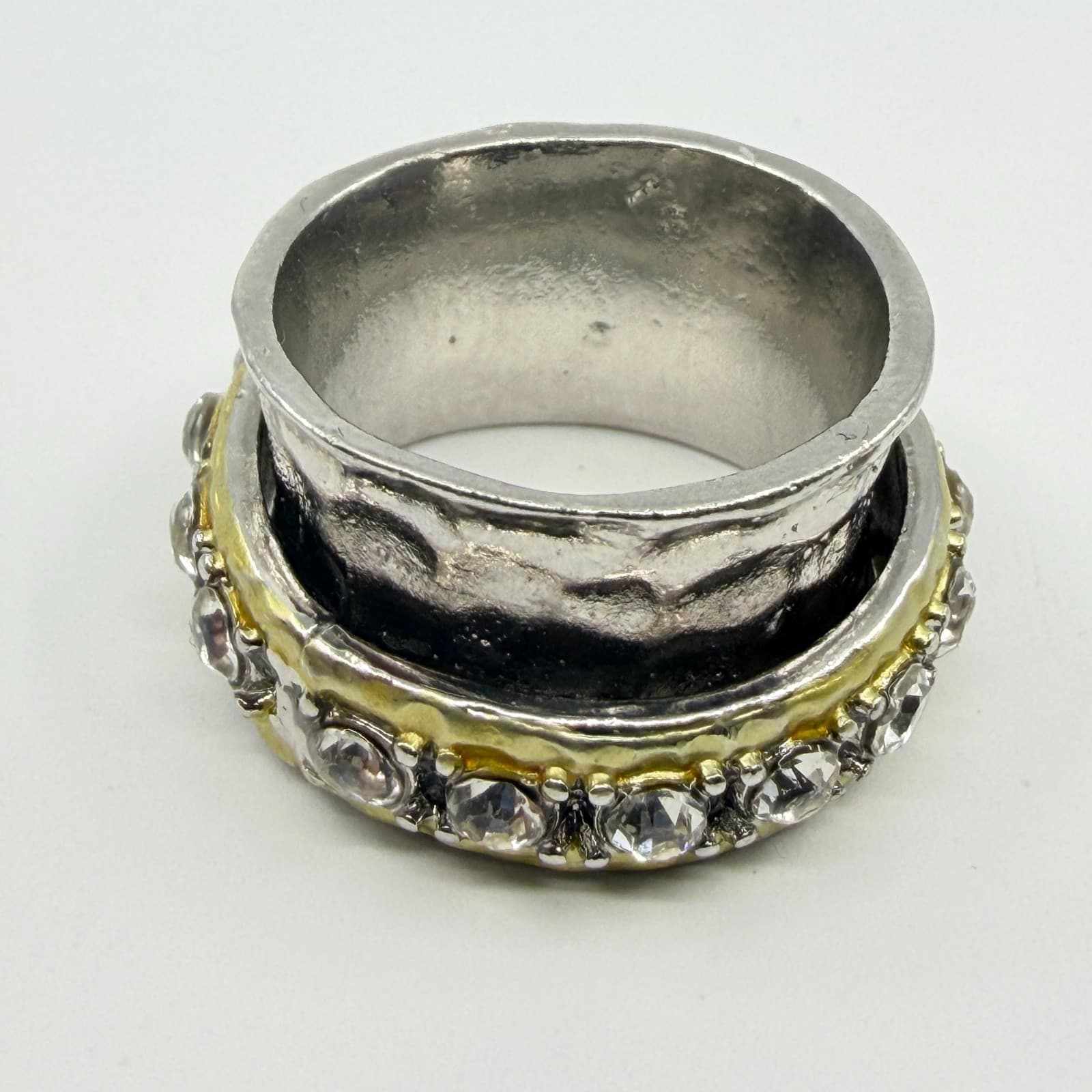 Vintage Two Tone Spinner Ring Silver & Gold Tone Textured Band Clear Crystal Y2K