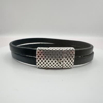 Vintage Y2K Silver Tone Black Double Wrap Leather Bracelet Minimalist Jewelry