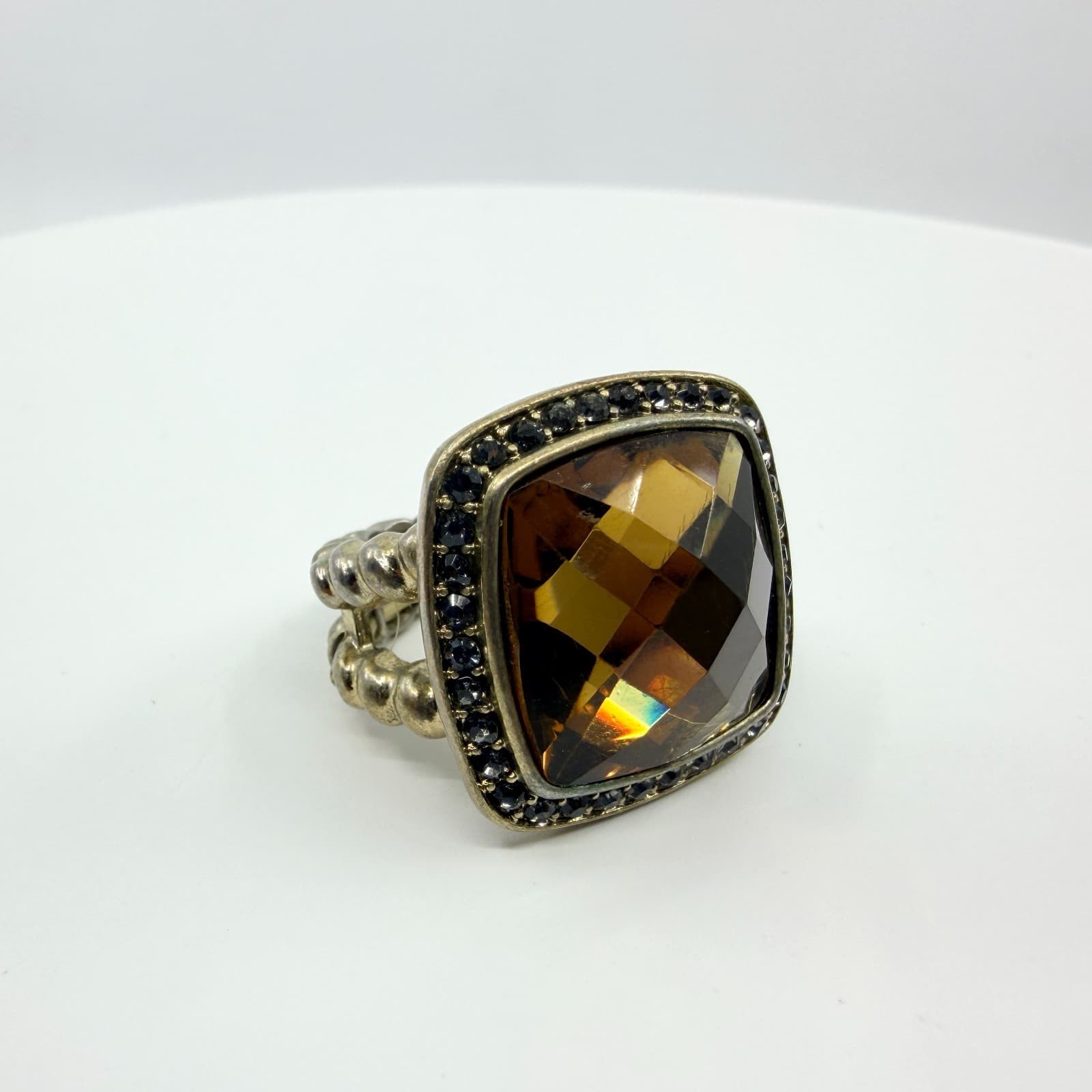 VTG Silver Tone Smoky Topaz Glass Stretch Ring Cushion Cut Cocktail Rhinestone