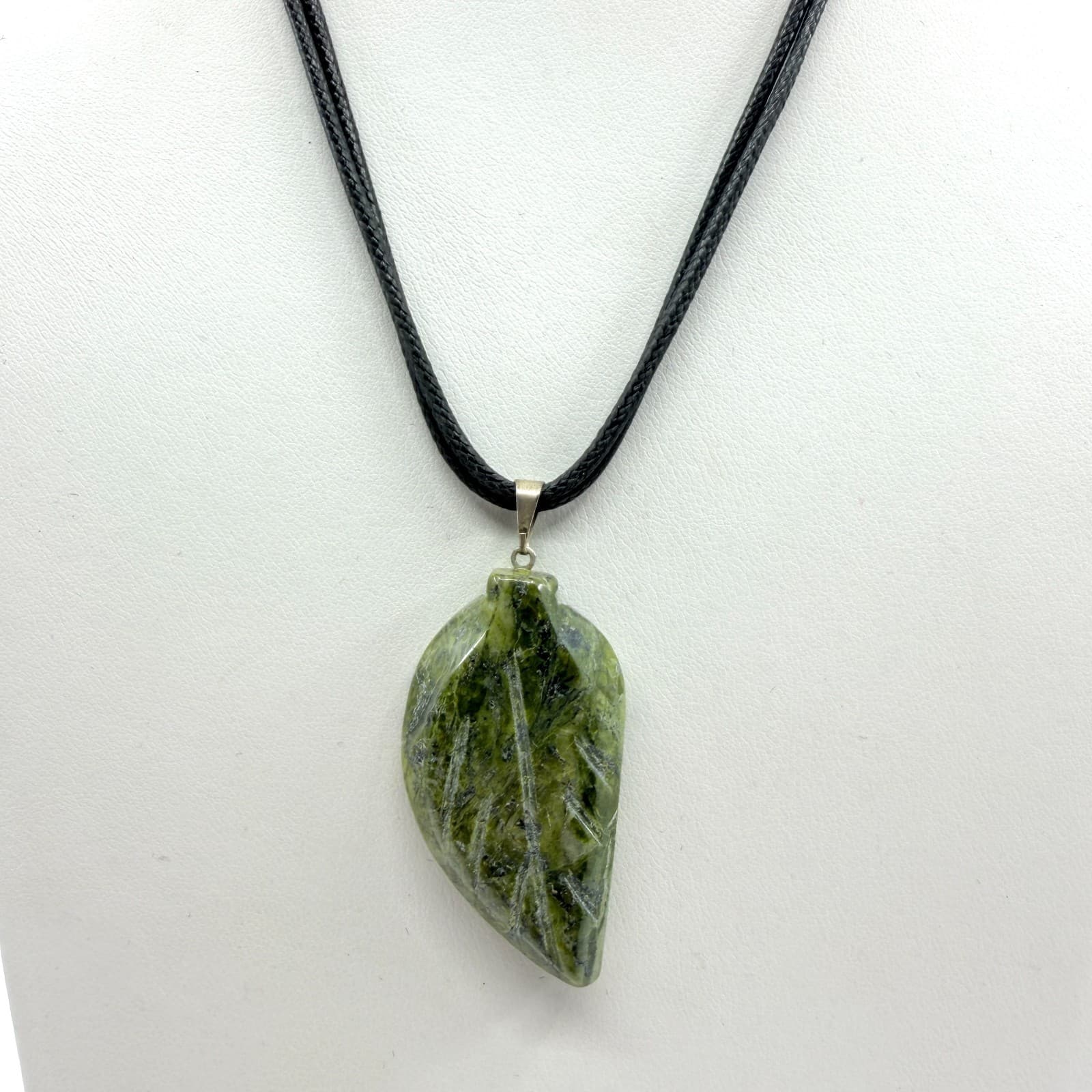 Vintage Green Serpentine Jade Carved Leaf Pendant Black Cord Statement Necklace