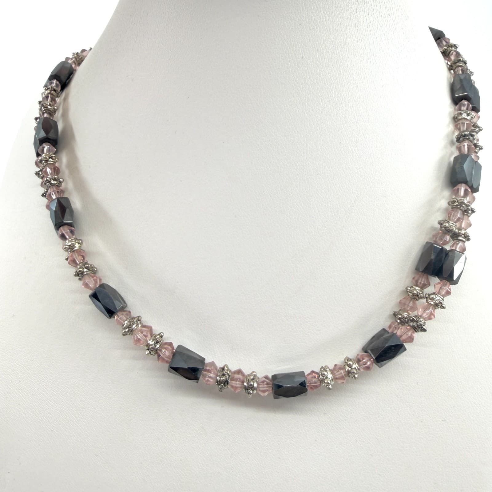 Vintage Hematite Pink Crystal Beaded Choker Necklace Silver Tone Boho Romantic