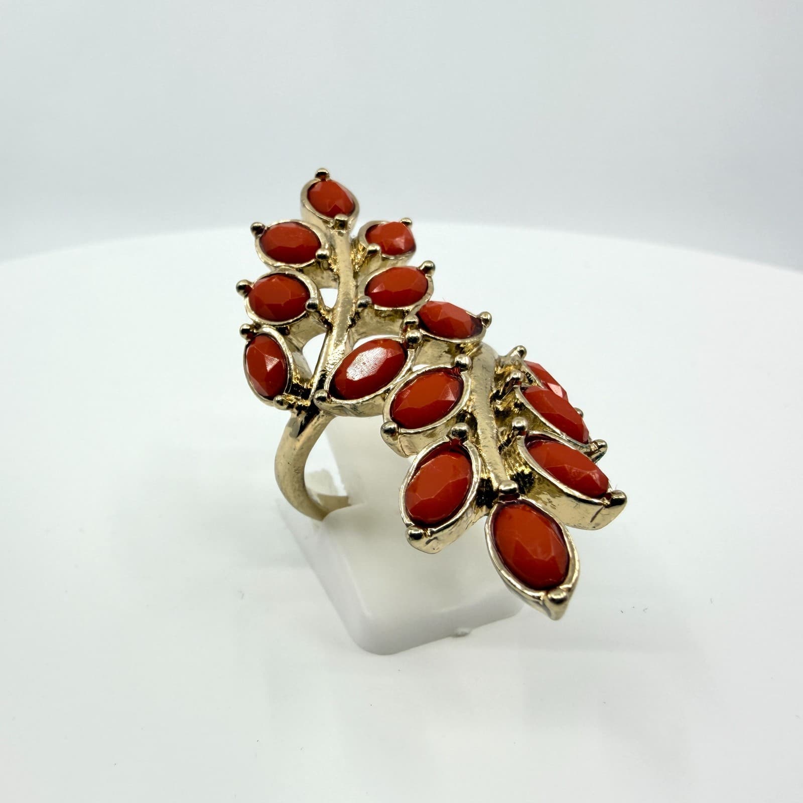 Vintage Faux Coral Marquise Leaf Branch Cluster Statement Ring Gold Tone Retro