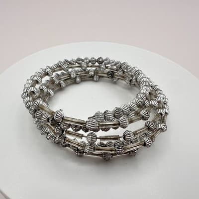 Vintage 90s Silver Tone Beaded Multi-Strand Wire Wrap Bracelet Women's Jewelry