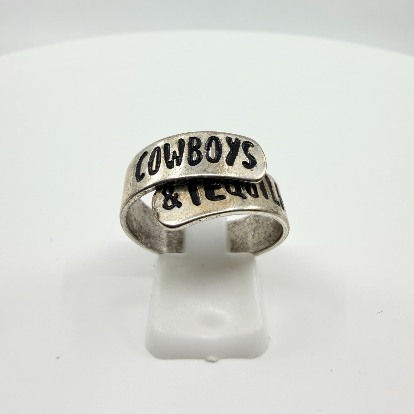 Vintage Western Silver Tone Cowboys & Tequila Wrap Spoon Ring Country Boho