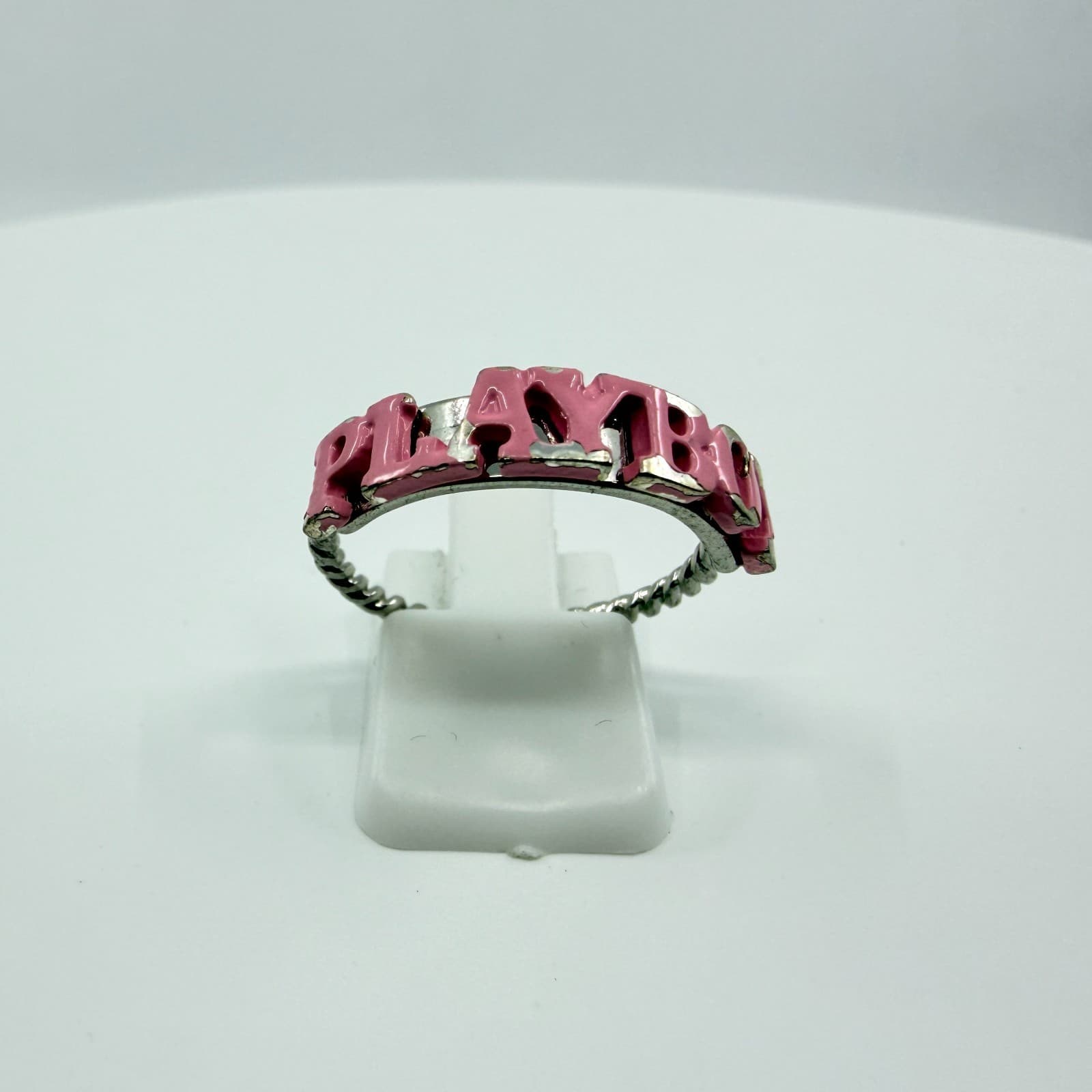 Vintage Y2K Pink Enamel PLAYBOY Letter Ring Silver Tone Twisted Rope Band Size 8