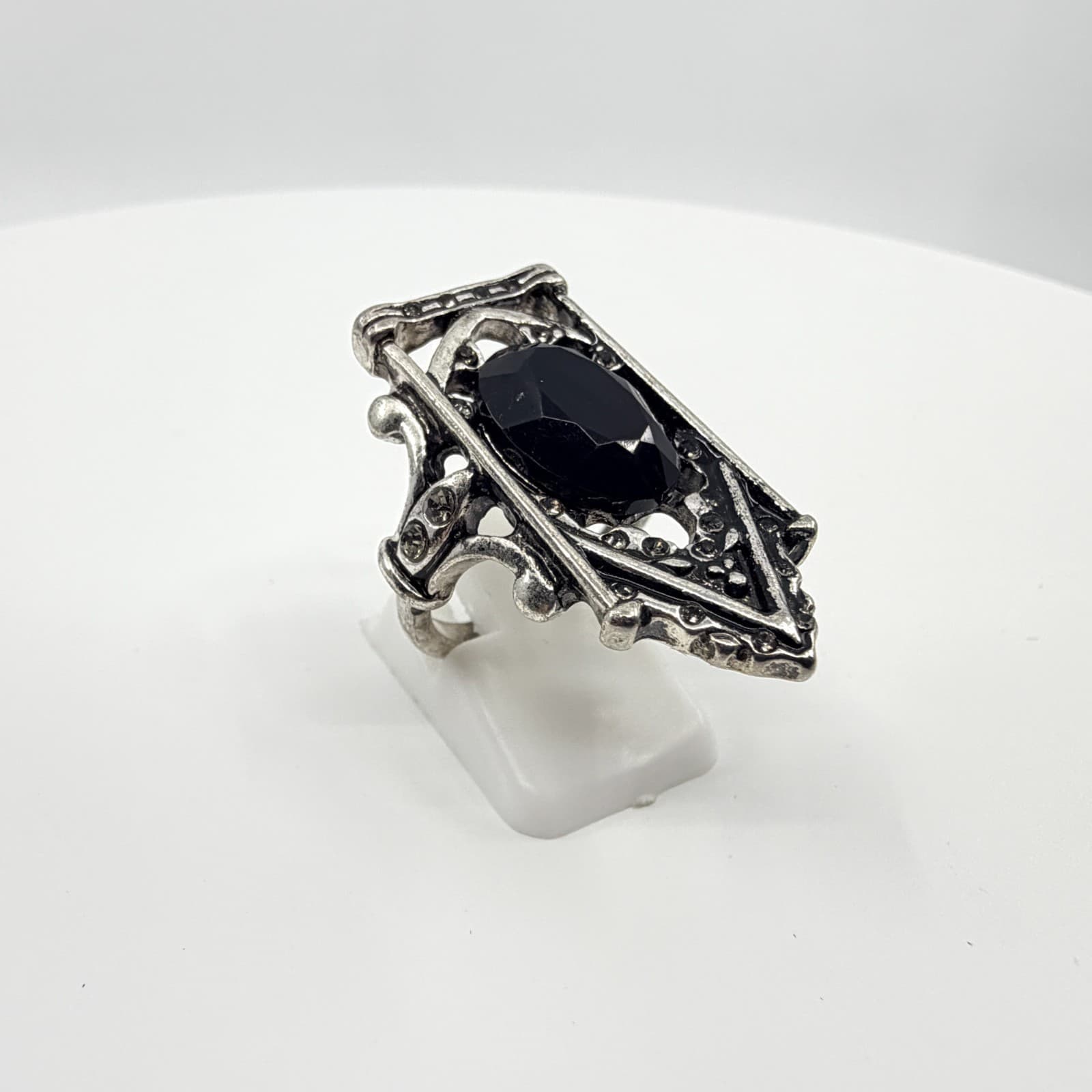 Vintage Gothic Statement Ring Silver Tone Antiqued Black Shield Elongated Band