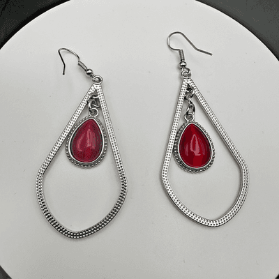 Vintage 90s Red Teardrop Dangle Earrings Silver-tone Drop Jewelry Boho Chic