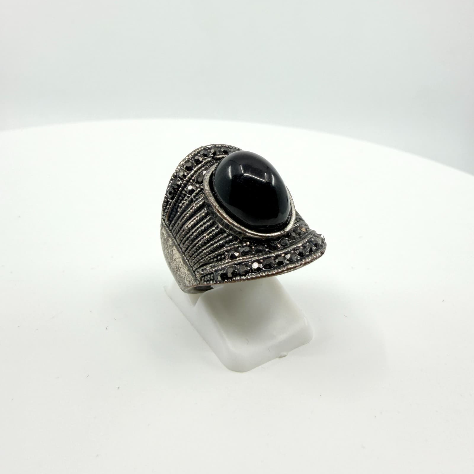 Vintage Gothic Black Onyx Glass Cabochon Faux Marcasite Statement Ring Size 7.5