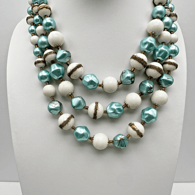 Vintage 80s Multi-Strand Blue & White Bead Necklace Boho Fashion Women's Jewelry