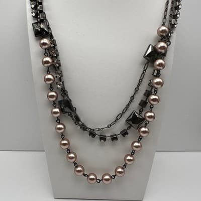 Vintage Y2K LOFT Multi-Strand Necklace Pink Faux Pearl Beads Tennis Rhinestone