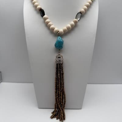 Vintage 90s Chico's Cream Beaded Necklace Faux Turquoise Tassel Boho Jewelry 90s