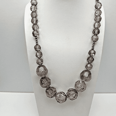Vintage 90s Smokey Gray Glass Bead Necklace Silver Tone Statement Jewelry Retro