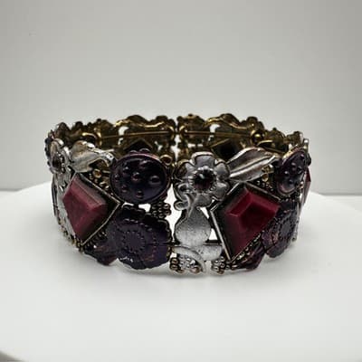 Vintage 90s Boho Floral Link Bracelet Geometric Stones Purple Enamel Jewelry