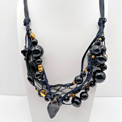Vintage 90s Black Multi Strand Cluster Necklace Gold Tone Women's Jewelry Retro