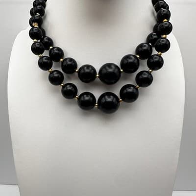 Vintage 80s Black Bead Necklace Set Multi-Strand Geometric Women's Jewelry Y2K