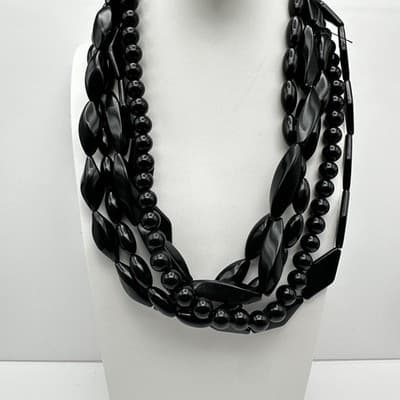 Vintage 80s Black Multi-Strand Necklace Chunky Glossy Bead Women's Jewelry Retro