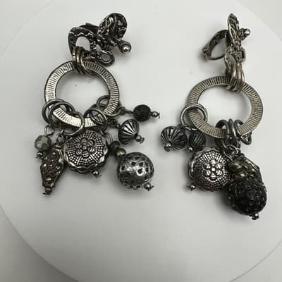 Vintage 90s Birch Hill Silver Tone Multi Charm Dangle Earrings Statement Jewelry
