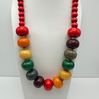 Vintage 90s Wood Bead Chunky Statement Necklace Boho Retro Women's Jewelry